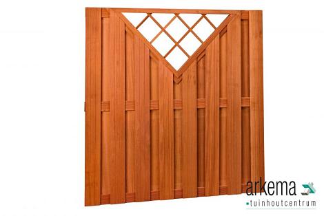 Hardhouten plankenscherm 18 planks 14 mm recht verticaal met V-trellis 180 x 180 cm.