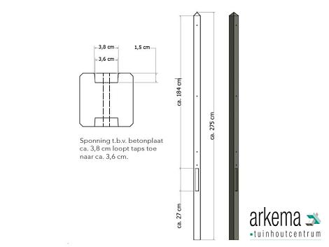 Lichtgewicht betonpaal met diamantkop ongecoat 8,5x8,5x275 cm, tussenpaal, antraciet.