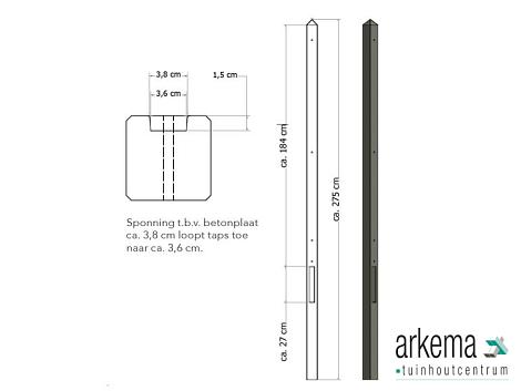 Lichtgewicht betonpaal met diamantkop ongecoat 8,5x8,5x275 cm, eindpaal, antraciet.