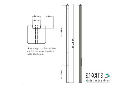 Lichtgewicht betonpaal met diamantkop ongecoat 8,5x8,5x275 cm, eindpaal, grijs.