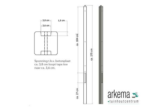 Lichtgewicht betonpaal met diamantkop ongecoat 8,5x8,5x275 cm, tussenpaal, grijs.