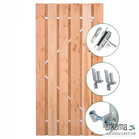 Tuindeur Privacy Douglas met RVS inbouwslotset 120 x 195 cm plank: 1.6x14.0cm / 13 stuks + 1.4x9.0cm / 2 stuks RVS inbouwslotset + ogen + duimen