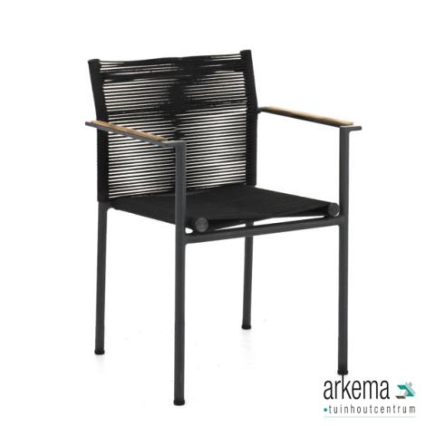 Jakarta dining armchair 56, base aluminium Black, rope weaving Black, arm SVLK teak Natural (MOQ 4)